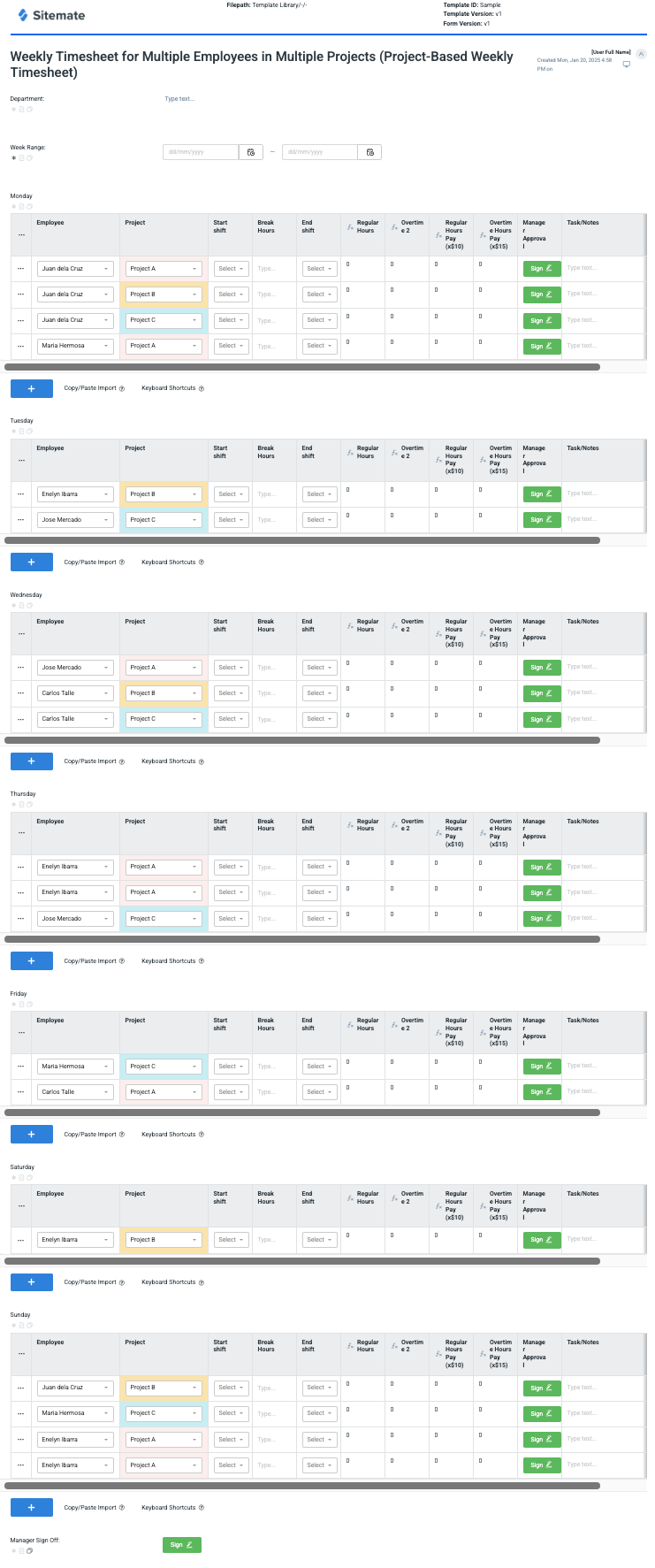 Weekly Timesheet for Multiple Employees in Multiple Projects (Project-Based Weekly Timesheet)